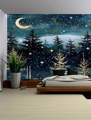  Moderní hvězdná noční obloha lesní krajina gobelín digitální tisk malebná nástěnná dekorace do ložnice obývací pokoj kolejní pokoj bytové dekorace foto pozadí
