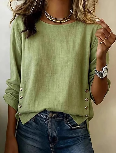  Damen Hemd Baumwoll-Leinen-Hemden Kunstbaumwollleinen Einfarbig Einfach Elegant Urlaub Vintage Langarm Lange Oberteile Täglich Outdoor Streetwear Blau Weinrot Schwarz Weiß Gelb Sommer Frühling Herbst