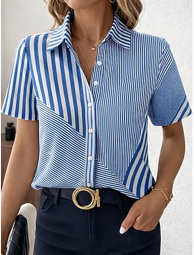  Mulheres Camisa Social Botões Imprimir Gráfico Geométrica Vintage à moda Moderno Manga Curta Colarinho de Camisa Tops regulares Diário Escritório Azul Rosa Roxo Verde Verão Primavera