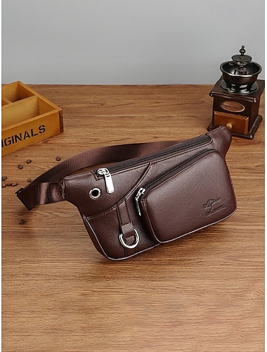  Sac banane bandoulière homme en similicuir, noir et marron, multi-compartiments, idéal pour une utilisation décontractée, les voyages, les vacances et les activités de plein air au quotidien.