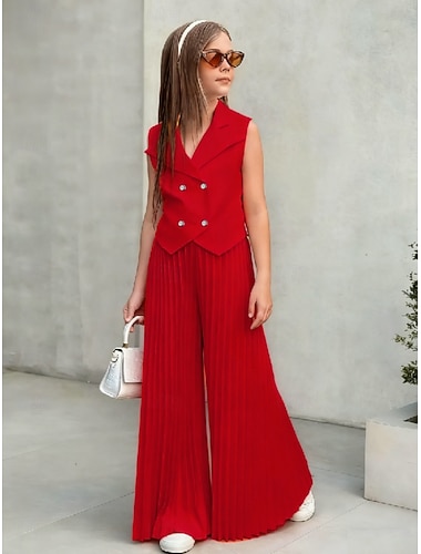  2 Stück Kinder Mädchen Einfarbig Gerafft Hemd & Hose einstellen Ärmellos Mode Lässig Ab 4 Jahren Sommer Dunkelrosa Weiß Rosa