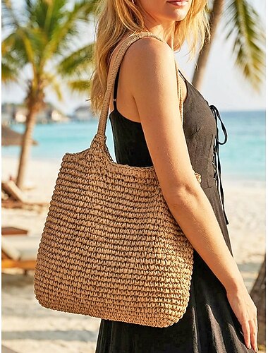  Grote geweven damestas van gehaakt materiaal, verkrijgbaar in gebroken wit en kaki, ruim ontwerp, perfect voor dagelijks gebruik en strandvakantie.