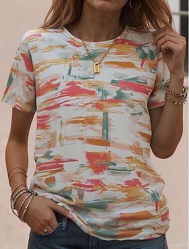  Damen T Shirt Druck Grafik Vintage Stilvoll Klassisch Kurzarm Rundhalsausschnitt Rundhals Normale Oberteile Täglich Wochenende Kastanienbraun Rosa Regenbogen Sommer Frühling