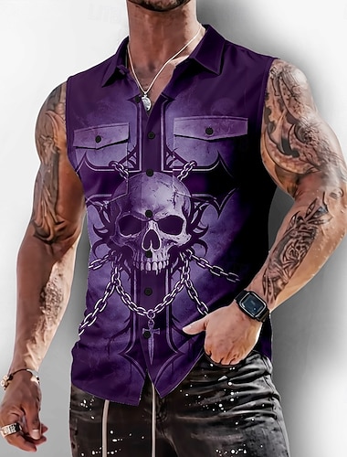  Per uomo Orrore gotico Croce Teschi Camicia Camicia con Bottoni Maglietta senza maniche Senza Maniche Stile gotico oscuro All'aperto Casual Estate Primavera Collo ripiegato Stampa 3D Due tasche