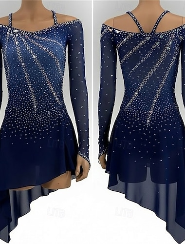  Taitoluistelupuku Naisten Luistimet Hameet Laivasto Tilkkutäkki Epäsymmetrinen helma Elastinen Kouluts Kilpailu Luisteluasu Klassinen Kristalli / Strassi Pitkähihainen Luistelu Taitoluistelu