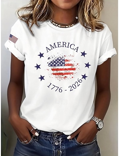  Amerikanska självständighetsdagen Dam T-shirt Mönster Grafisk Flagga Bokstav Vintage Stylish Klassisk Kortärmad Rund hals Vanliga toppar Dagligen Blå Svart Vit Rubinrött Sommar Vår