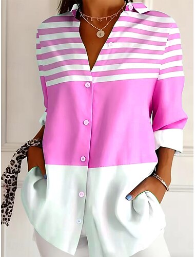  Mulheres Camisa Social Blusa Patchwork Botões Imprimir Gráfico Geométrica Vintage Tropical Diário Manga Longa Colarinho de Camisa Tops longos Diário Azul Amarelo Roxo Verde Verão Primavera