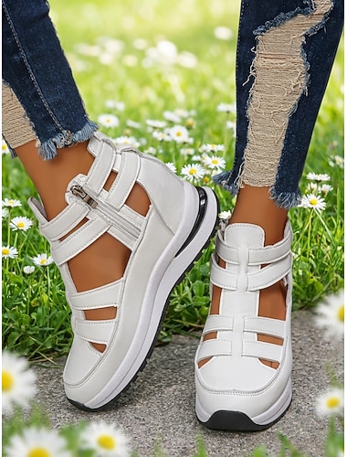  صندل نسائي أبيض بكعب إسفين مفتوح من الأمام، حذاء مشي مريح بكعب مخفي وسحاب، مناسب للمشي في الهواء الطلق والسفر &ملابس يومية