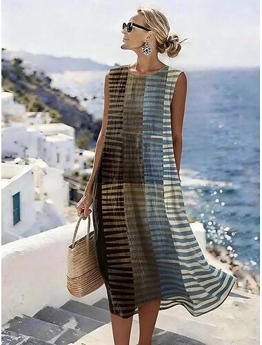  Per donna Abito Midi Abito a Tubino Vestito Estivo Abito a trapezio Vacanza Casual Boho Spiaggia Uscire Vestibilità comoda Grafico Geometrico Senza Maniche Girocollo Blu Giallo Rosa Rosso Estate
