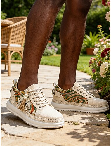  Beige golfsko i kanvas til herre, pustende og lett konstruksjon, til utendørs bruk på feriesteder og fritidsbruk, komfortable for reise og fritid