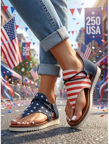  dame USA 250 patriotiske thong-sandaler - stjerne- og stripete lerretsflip-flops med komfortabel polstret såle for uavhengighetsdagens parader og sommerfestivaler &utendørs feiringer