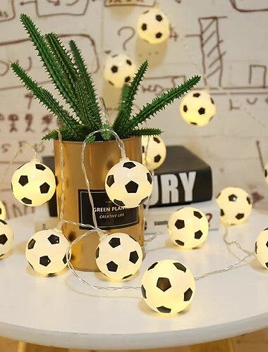 Guirlande lumineuse de ballons de football, guirlande lumineuse LED USB pour chambre d'enfant, décoration pour fête sur le thème du football, idéale pour les fans de foot et les anniversaires, blanc