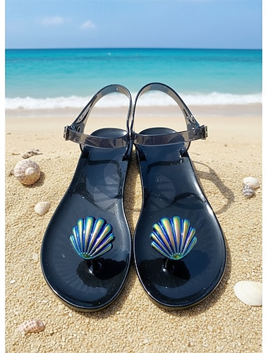  Sandales en plastique violet vif pour femmes - tongs d'été imperméables ornées de coquillages irisés, idéales pour les vacances à la plage et les fêtes au bord de la piscine &vêtements de villégiature