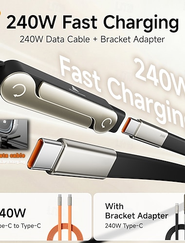  240W krachtige USB-C-laadkabel met houder, 2-in-1 ontwerp voor opladen &Handsfree kijken, snelle gegevensoverdracht van 480 Mbps, gemaakt van vloeibaar siliconenmateriaal, behuizing van zinklegering,