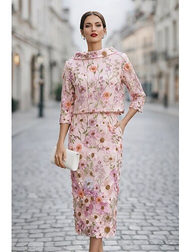  Zweiteilig Schlauchkleid Kleid Tee-Länge Partykleid Cocktailkleid Kleid für Hochzeitsgäste Brautmutterkleid Langarm U-Boot-Ausschnitt Elegant Vintage Formell Hochzeitsgast Kentucky Derby Satin Spitze