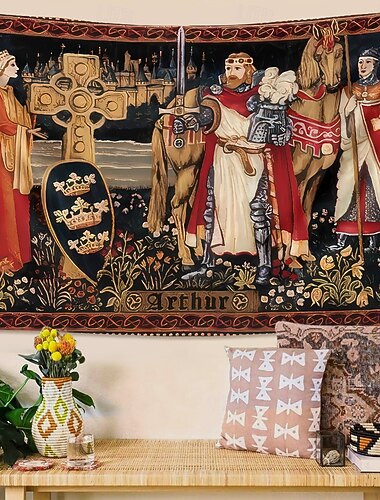  Wandteppich mit König Artus-Motiv, mittelalterlichem Rittermotiv, Artus-Text, keltischem Kreuz und königlichem Schild, Vintage-Legende, Stoffbehang für Bibliothek, Hobbyraum, Wohnzimmer,