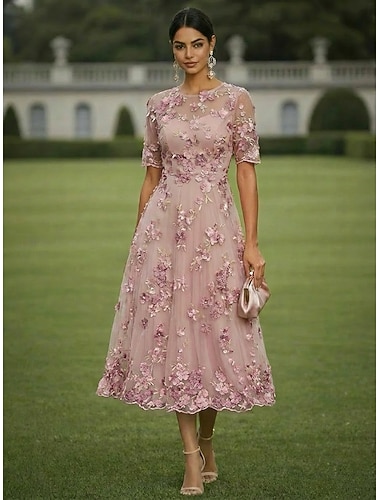  Ligne A Robe Longueur cheville Longueur thé Robe de Soirée Robe de Cocktail Robe de Mère de Mariée  Manche Courte Col ras du cou Col Illusion Élégant ancien Luxueux Formel robe demoiselle d honneur