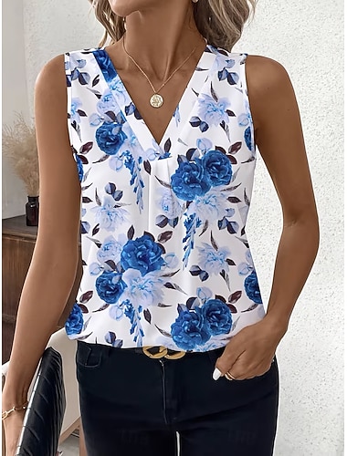  Damen Tank Top Blumen Grafik Pflanzen Elegant Vintage Tropisch Ärmellos V Ausschnitt Normale Oberteile Täglich Blau Rote Sommer Frühling