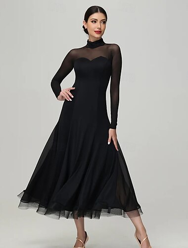  Ballroom-dans Kjole Plissert Ren Farge Tvinning Dame Fest Trening Ytelse Langermet Høy Spandex Polyester