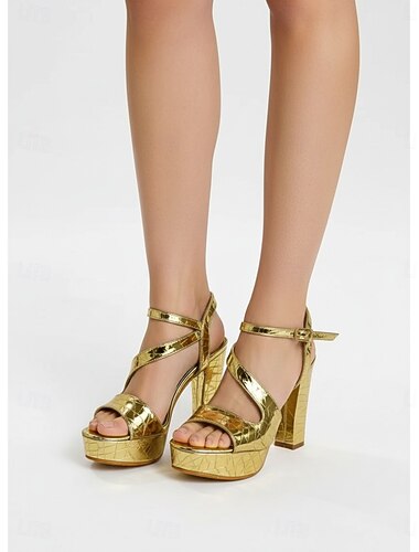  Sandali da donna glamour anni '70 con plateau dorato da discoteca - sandali grossi con cinturino alla caviglia e stampa coccodrillo metallizzata per feste da ballo retrò e serate in discoteca &eventi