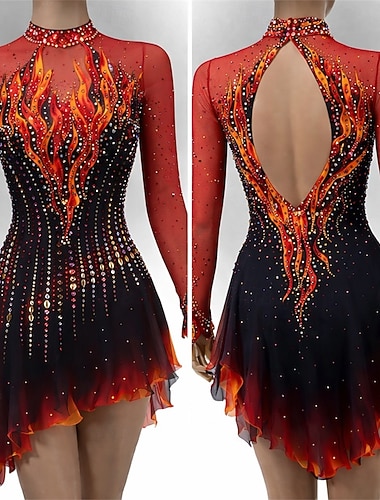  Kjole til kunstløp Dame Skøyteløp Kjoler Svart / Rød Lapper Åben Ryg Høy Elastisitet Trening Konkurranse Skøyteklær Klassisk Krystall / Rhinstein Langermet Skøyting Kunstløp