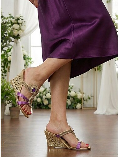  Paarse, versierde sleehak sandalen voor dames - elegante schoenen voor de moeder van de bruid bij stadsbruiloften
