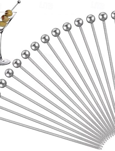  16 stk. cocktailpinner i 304 rustfritt stål, gjenbrukbare martinispyd i polert metall, kraftige, slitesterke pyntpinner som passer til drinker, forretter, bartilbehør, ideell bartendergave.