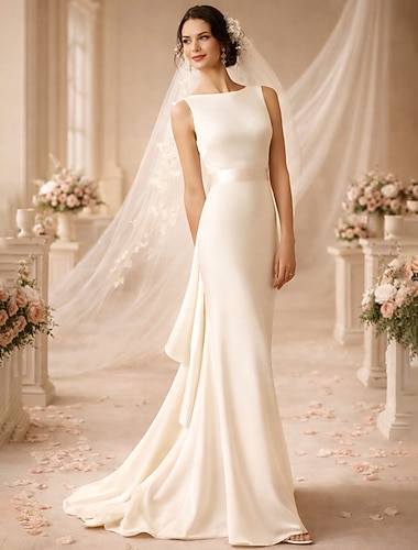  Mariage à la plage hall robe de mariée décontractée avec dos ouvert robe de mariée étroite décolleté rond sans manches train balayé  traînant tissus extensibles robes de mariée drapées