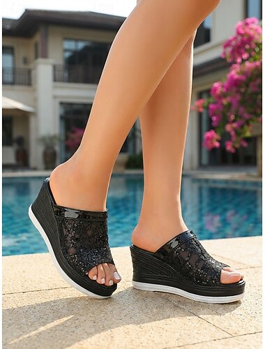 Sandales compensées élégantes en maille noire à sequins pour femmes - mules confortables à plateforme ajourée, parfaites pour les soirées au bord de la piscine dans les hôtels de luxe et les stations