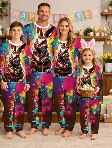  Famiglia Pasqua Pigiama Grafico Coniglietto Casuale Stampato Rosso rosa Manica Lunga Vacanza Abiti coordinati