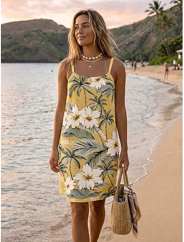  Per donna Abito al ginocchio Vestito Canotta Casual Vestibilità regolare Grafico Tropicale Senza Maniche Girocollo Collo quadrato Blu Giallo Viola Arancione Estate Primavera