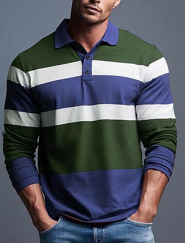  Voor heren Horizontale stroken Rugbypolo Lange mouw Poloshirt Overhemden met kraag Casual Buiten Sportkleding 3D-afdrukken Lente Herfst blauw Rood Bruin