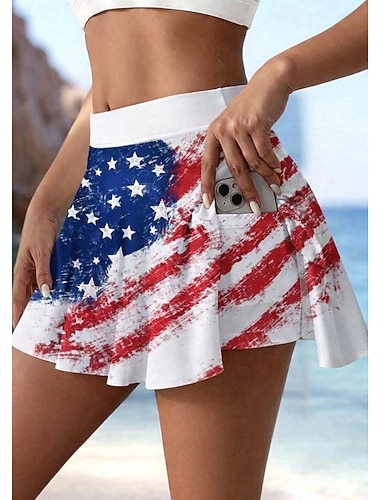  Patriotischer Rock zum Unabhängigkeitstag, Damen-Urlaubsrock, modische hawaiianische Strandmode, Minirock mit hohem Bund, grafisches Muster, dehnbar, für den Alltag am Strand, weiß-blau, Sommerstrick,