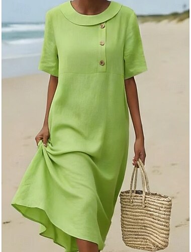  Femmes Robe Midi Robe d'Été Robe trapèze Robe d'été Vacances Occasionnel Boho Plage Fête Robe d'Été Coupe Ample Uni Manche Courte Revers Blanche Orange Vert Été