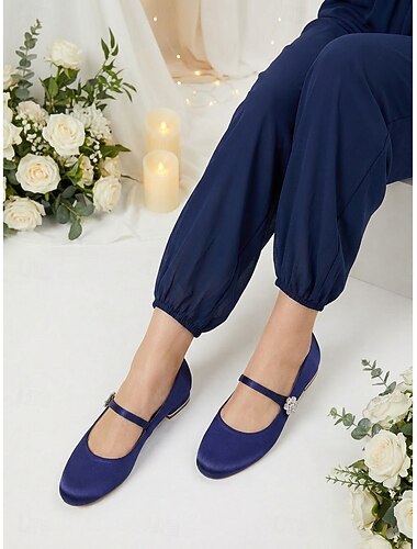  Dame marineblå Mary Jane-sko med lav hæl og strassspenne, elegante flate sko til brudens mor til bryllup i byen, komfortable pensko med rund tå til formell bruk &kveldsklær