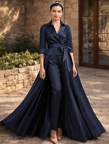 Tweedelig Broek Tot de enkel Moeder van de bruid jurk Halve mouw Overhemdkraag Elegant Formeel Bruiloft gast Satijn met Strik(ken)