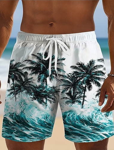  Per uomo Albero di Cocco Piante Tropicali Onde dell'oceano Costumi da bagno Pantaloncini da mare Pantaloncini da Surf Misura del girovita medio Hawaiano Vacanza al Mare Tasche Laterali fodera in rete