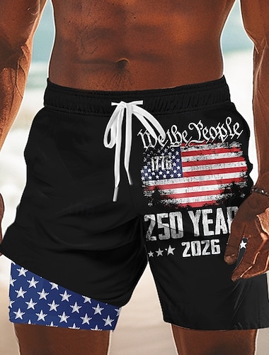  Herren 250. Jahrestag des Unabhängigkeitstages der USA am 4. Juli US Flagge Wir die Leute Gefütterte Shorts 2 in 1 Badeshorts Badeshorts Mittlere Taille Patriotisch Ferien Seitentaschen Mit