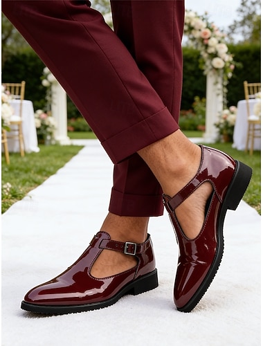  Chaussures habillées pour homme, en similicuir verni bordeaux, style boucle, mocassins de mariage élégants et formels pour le marié, les invités, la réception, le banquet, la cérémonie et les occasions spéciales en soirée.
