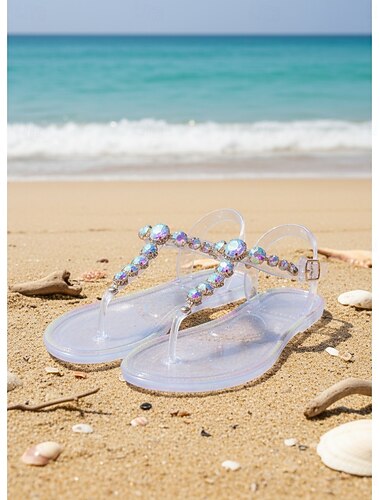  Sandales en gelée transparente scintillante pour femmes - tongs imperméables à bride en T ornées de strass irisés, idéales pour les vacances à la plage et les mariages à destination. &vacances d'été