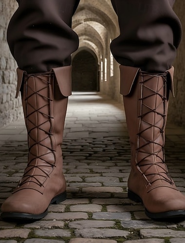  Médiéval Renaissance Chaussures Bottes hauteur genou Bottes jazz plates Pirate Viking Barbare Déguisement Homme Viking Pirate Halloween Carnaval Performance LARP Foire de la Renaissance Adulte
