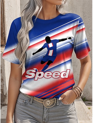  Weltfußballspiel 2026 Damen T-Shirt Print Grafik Buchstabe Stilvoll Klassisch Freizeit Kurzarm Rundhals Lange Oberteile Tägliche Blau Rot Rot  Blau Sommer Frühling