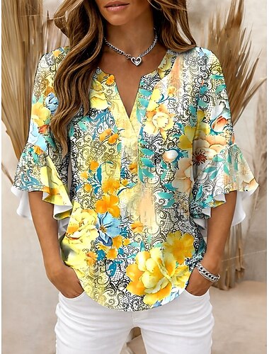  Per donna Blusa Volant Stampato Floreale Grafico Vintage Quotidiano Elegante Manica 3/4 Scollo a V Top Regolari Quotidiano Ferie Abbigliamento da vacanza Blu Bianco Giallo Rosa Estate Primavera