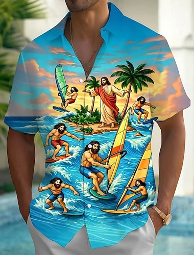  Voor heren Jezus Surfen Tropische planten Hawaiiaans overhemd Overhemd met knopen Aloha-shirt Korte mouw Hawaii Grappig Vakantie Zomer Lente Strijkijzer 3D-afdrukken shirts met kraag Voorste zak