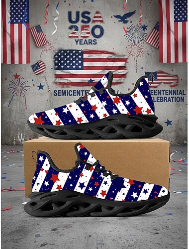  أحذية رياضية رجالية محبوكة بعلم الولايات المتحدة الأمريكية - أحذية جري خفيفة الوزن وجيدة التهوية برباط، مزينة بنجوم وطنية &نمط مخطط ليوم الاستقلال، والمسيرات، والمشي في الهواء الطلق &ملابس كاجوال