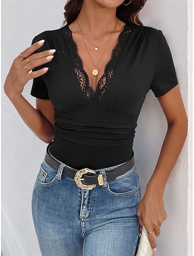  Damen Normal Bodysuit Streetwear Einfarbig Kurzarm V Ausschnitt Spitze Patchwork Club Party Schlank Schwarz Sommer