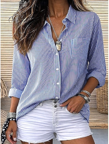  Dam Blus Knappar Mönster Randig Stylish Ledigt Långärmad Tröjkrage Vanliga toppar Dagligen Blå Rodnande Rosa Purpur Grön Grå Sommar Vår Höst