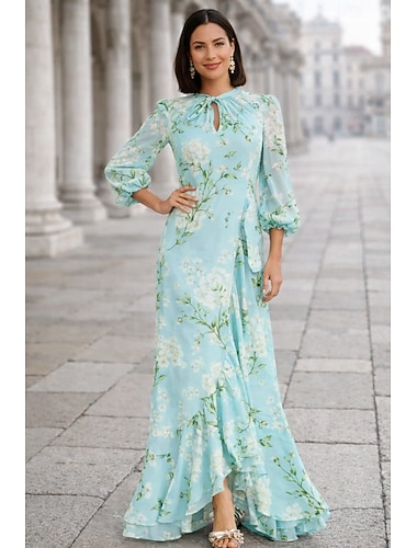  גזרת A בתולת ים  חצוצרה עד הריצפה שמלות ערב אלגנטית וינטאג' פרחוני שרוול ארוך צווארון גבוה מסיבת חצר חתונה שיפון עם הדפס פרחוני קפלים