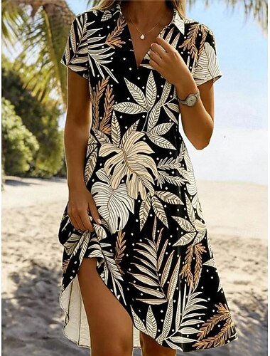  Dame Mini kjole Sommerkjole Ferie Afslappet Boheme Daglig Strand Regulær Blomstret Grafisk Prikker Kortærmet V-hals Knaphul Blå Sort Sommer Forår