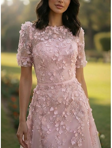  A-Linie Tee-Länge Cocktailkleider Elegant Vintage Blumen Kurzarm Rundhalsausschnitt Hochzeit Formell Rosa Kleid Spitze Tüll mit Perlenbestickt Applikationen